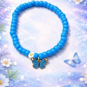Blue Beaded Bracelet with Butterfly Charm